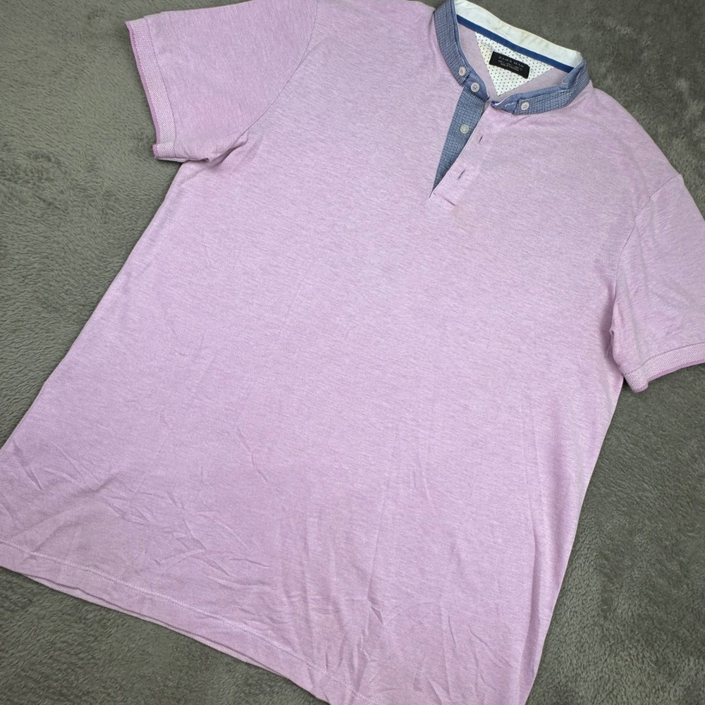 Zara Man Polo Shirt Mens Large L Purple Good Short Sleeve Band Collar Pique
